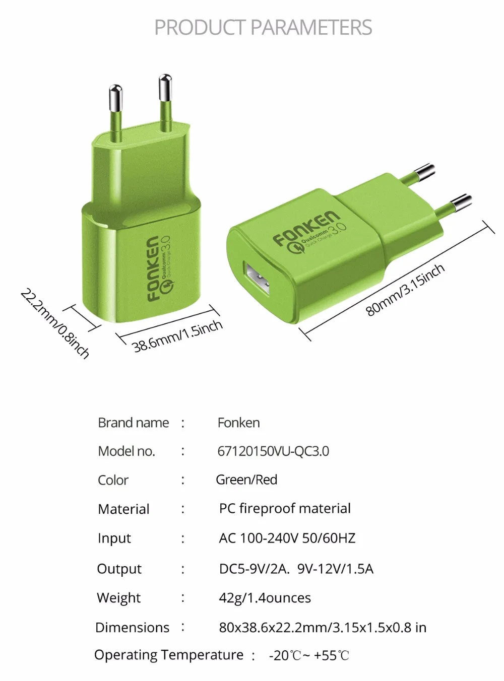 FONKEN USB Кабель зарядного устройства 9 в 2A QC 2,0 3,0 адаптер быстрой зарядки 18 Вт Кабель-адаптер быстрой зарядки для мобильного телефона адаптер зарядного устройства