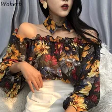 Woherb/ летние сексуальные топы с длинным рукавом и открытыми плечами, блузка с цветочным принтом, Женская Корейская винтажная рубашка с оборками, элегантные блузы, Femme