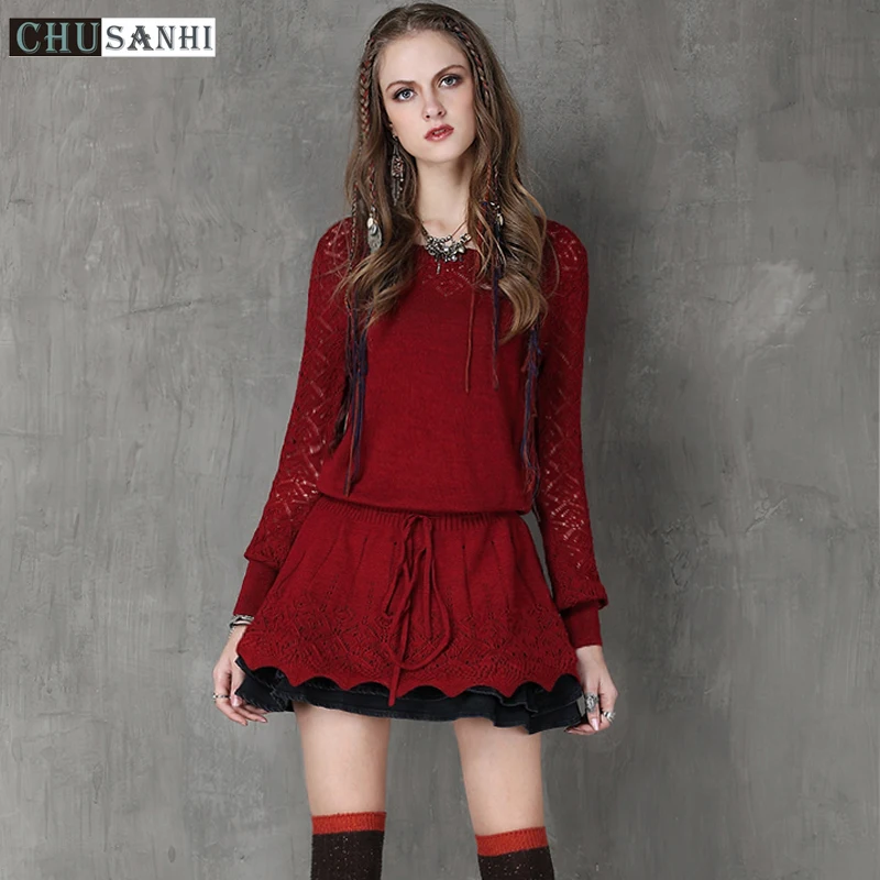 Red dress with sleeves wool pants