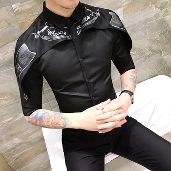 

Designer Shirt Korean Fashion 2019 Long Sleeve Slim Fit Gothic Shirt Camisa Men Wedding Shirt Patchwork Shirt Black White