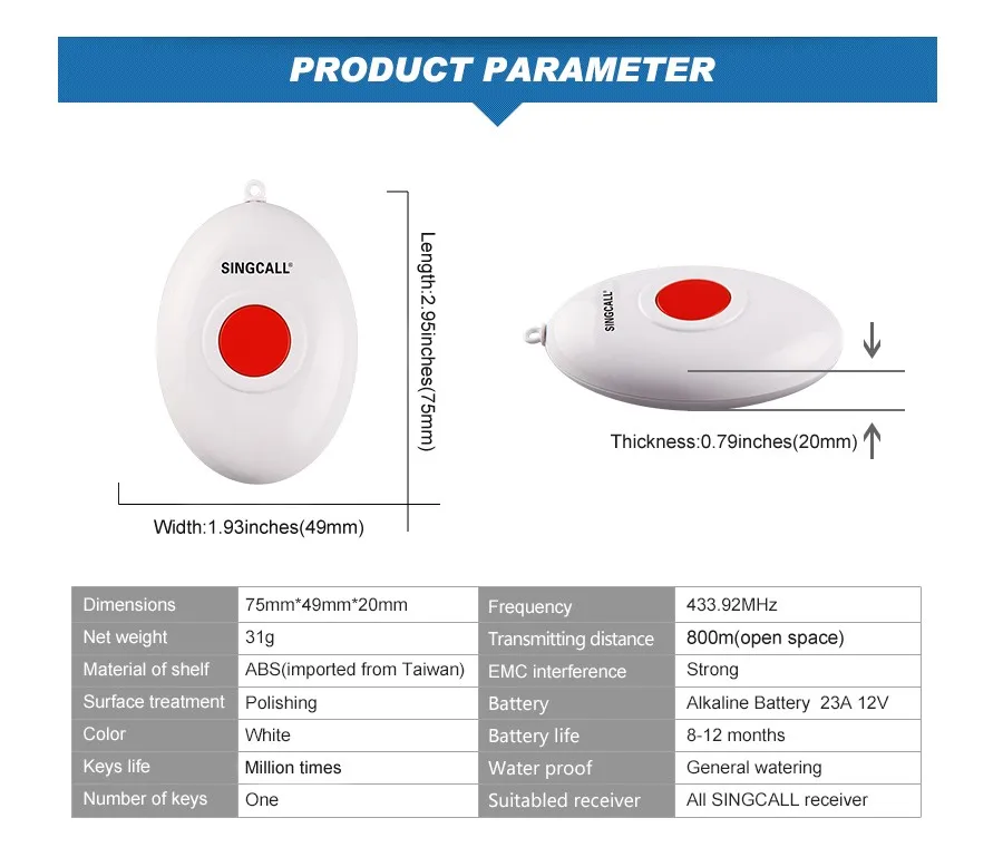 Description Picture 4 of itemSINGCALL Wireless Nursing System, Medical Call Pager, Panic Button, Oval Rounded Shape Bell with the Necklace APE160
