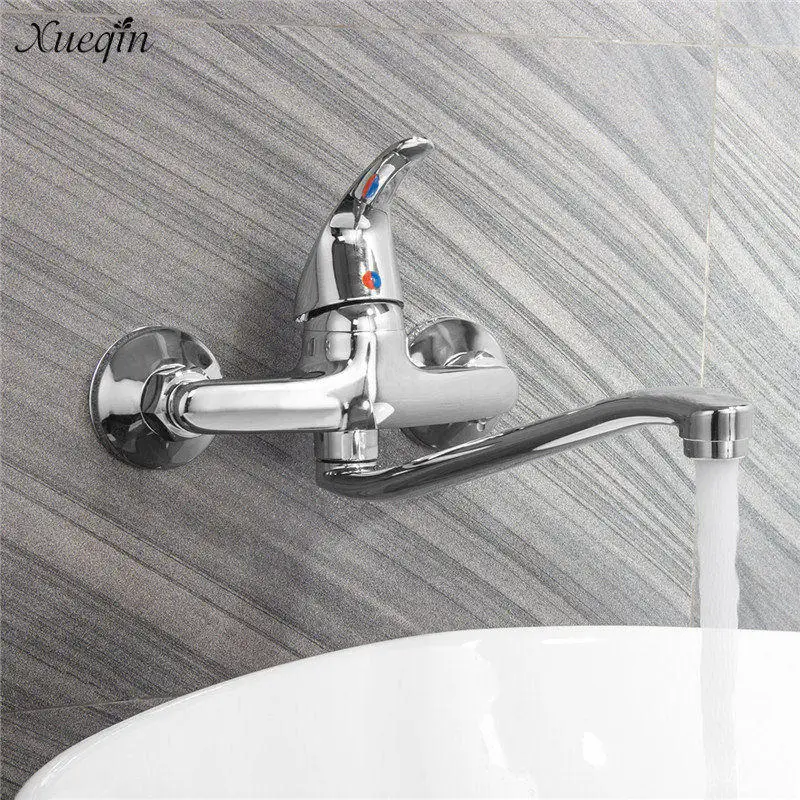 

Xueqin Extended Spout Bathroom Basin Faucet Single Handle Chrome Polished Sink Water Mixer Tap Cold And Hot Wall Mounted