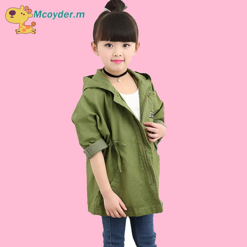 2018 Spring Autumn Army Green Jacket for Girls Hooded Cardigan Baby Girls Long Windbreakers