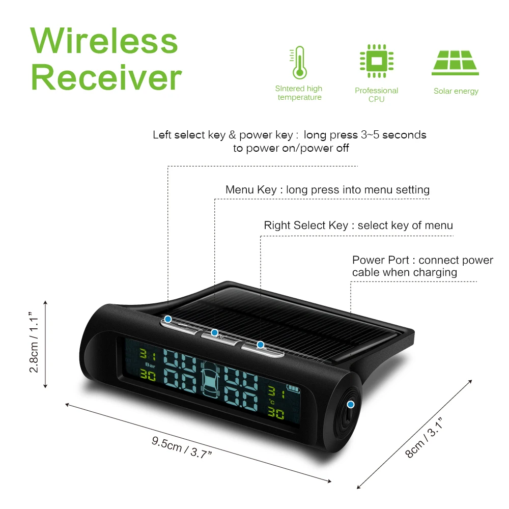 Car TPMS Wireless Tire Pressure Monitor Alarm System+4 External Sensor Tyre Detector Real-time Monitoring Solar/USB Charge Power Car TPMS Wireless Tire Pressure Monitor Alarm System+4 External Sensor Tyre Detector Real-time Monitoring Solar/USB Charge Power