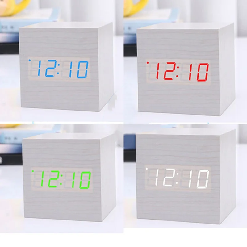 Mini Wood Sounds Control Clock New Modern Wood Digital LED Desk Alarm Clock Bedside Table Clock Calendar Table Decor