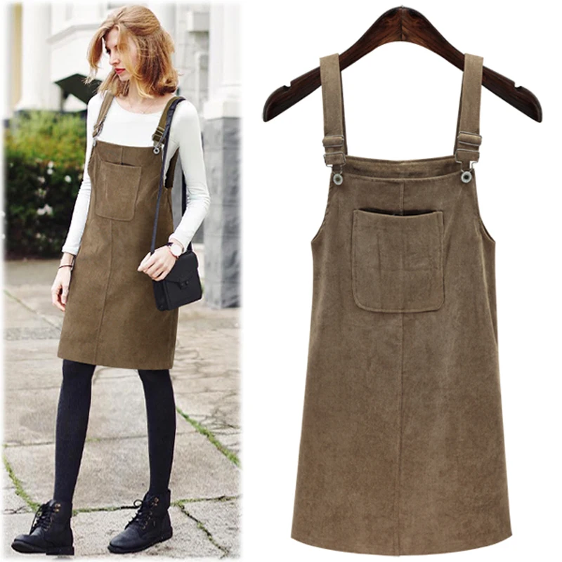 

Corduroy Buckle Detail Overall Dress 2019 Spring Women Pinafore Big Pocket Dress Solid Shift Sleeveless Dress