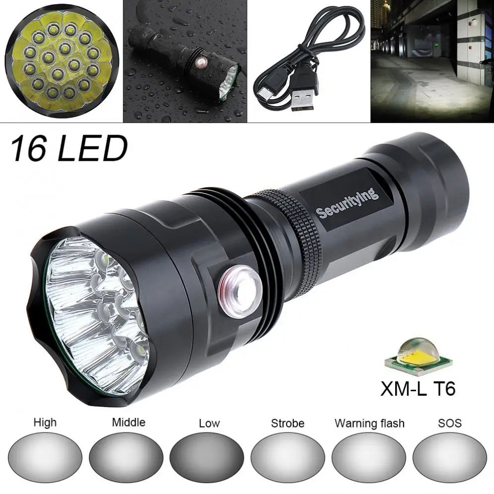 

SecurityIng LED Flashlight Torch light 16x XM-L T6 LED 7200Lumens Flashlight Torch with 6 Modes Light Support USB charging