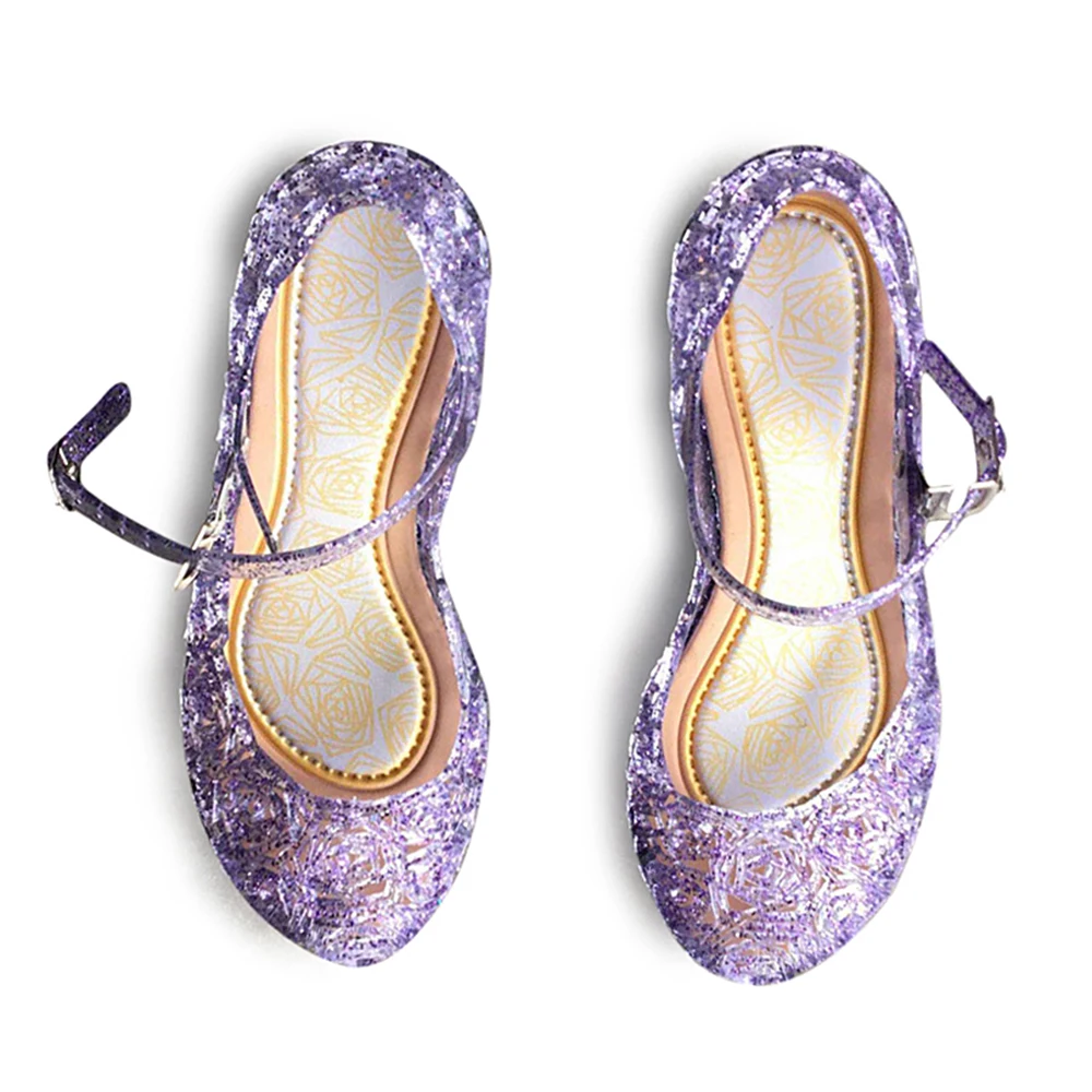 Для девочек прозрачнын Хрустальные Босоножки платье принцессы на шнуровке Обувь для детей девочки, танцы обувь Эльза Синие туфли София/фиолетовое сандалии