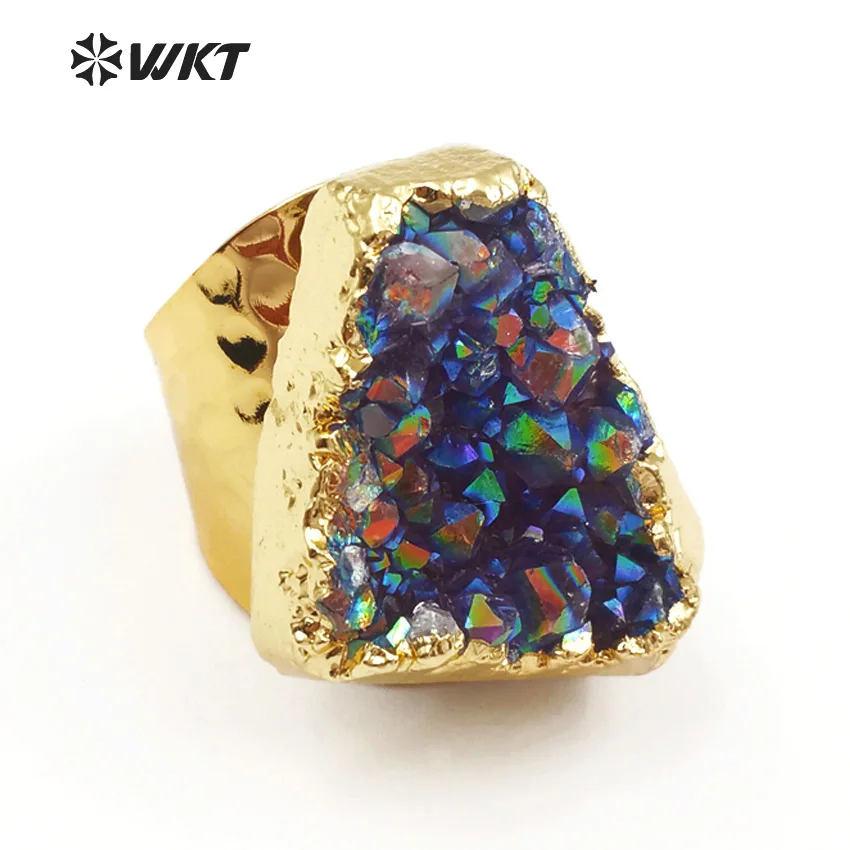 

WT-R304 Fashion Special Design Aura Colorful ring Jewelry Gift Natural Aura stone raw stone rings with gold trim for women