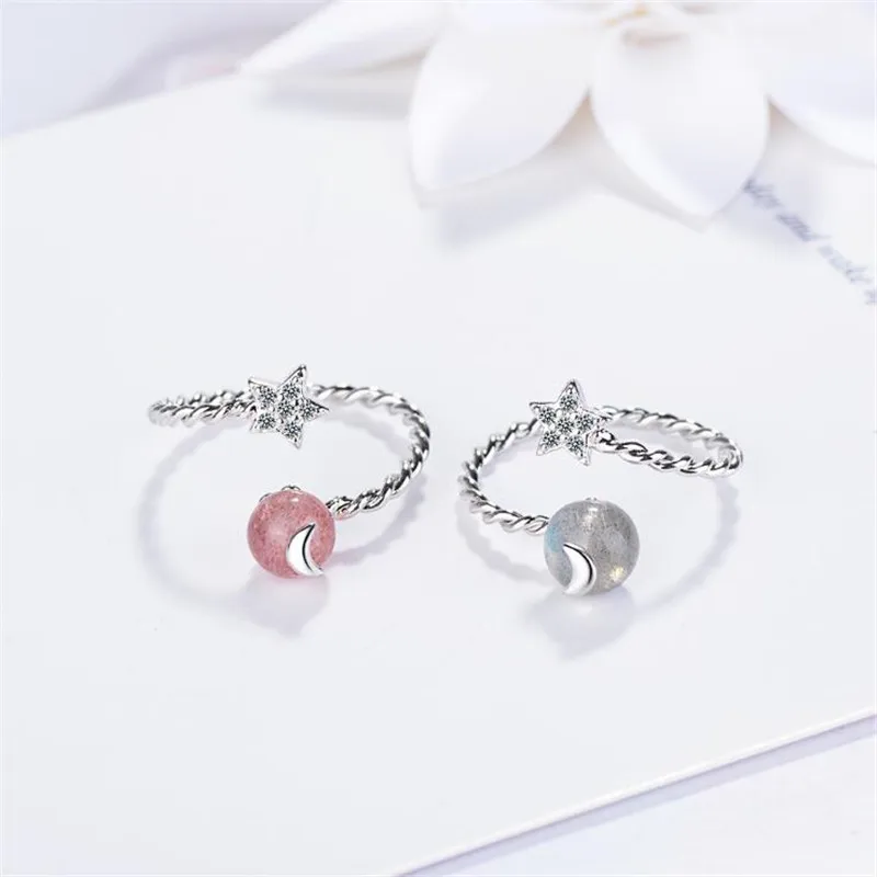 

New Arrival Fashion Exquisite 925 Sterling Silver Jewelry Heart Shaped Moon And Star Crystal Strawberry Opening Rings SR387