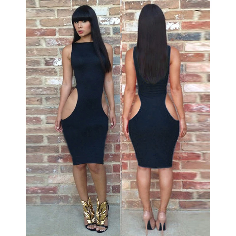 Sexy Cut Out Mini Dress Women Hip Wrapped Sleeveless Round Neck Black Red Ladies Dresses Bodycon Club Party Casual Dress Vestido (5)