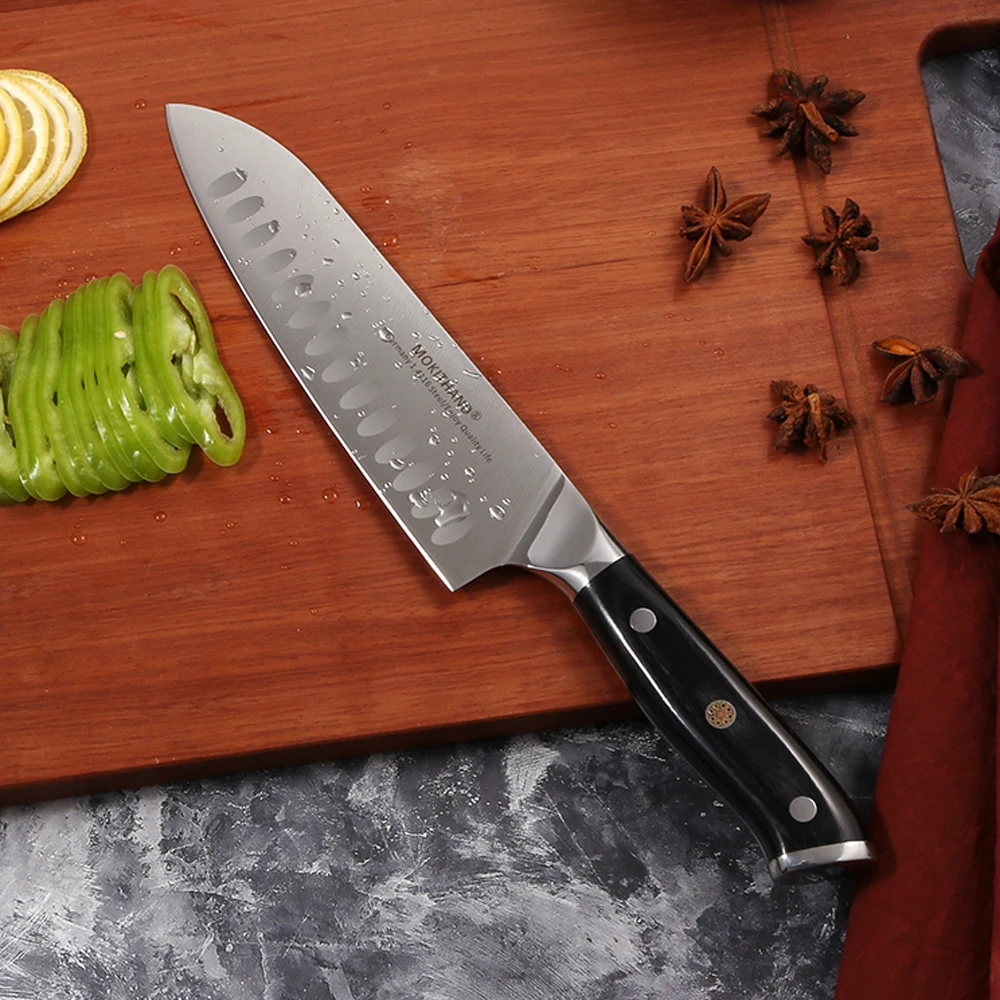 

Mokithand 7 inch Santoku Knives Professional Japanese Kitchen Knife High Carbon Germany 1.4116 Steel Chef Knife with Pakka Wood