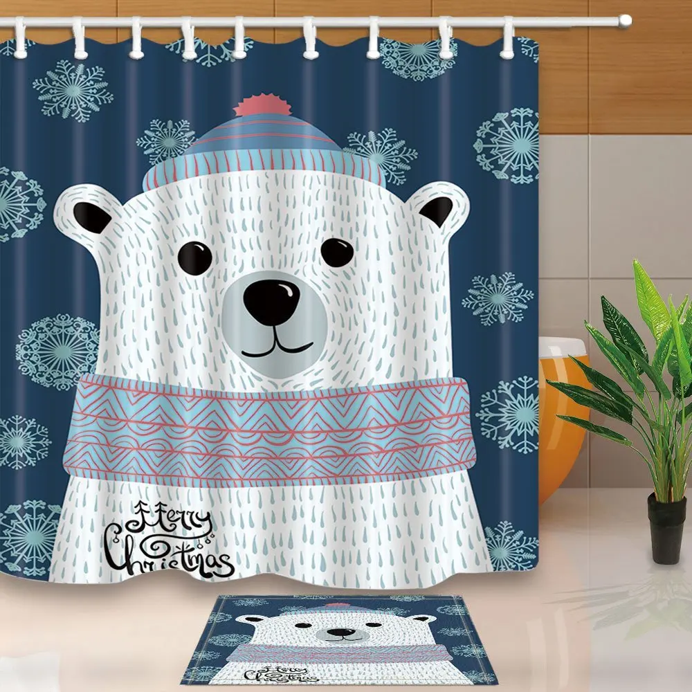 New Year Bathroom Decor Cartoon Polar Bear with Lettering Merry Christmas Waterproof Polyester Fabric Shower Curtain Set Doormat | Дом и сад