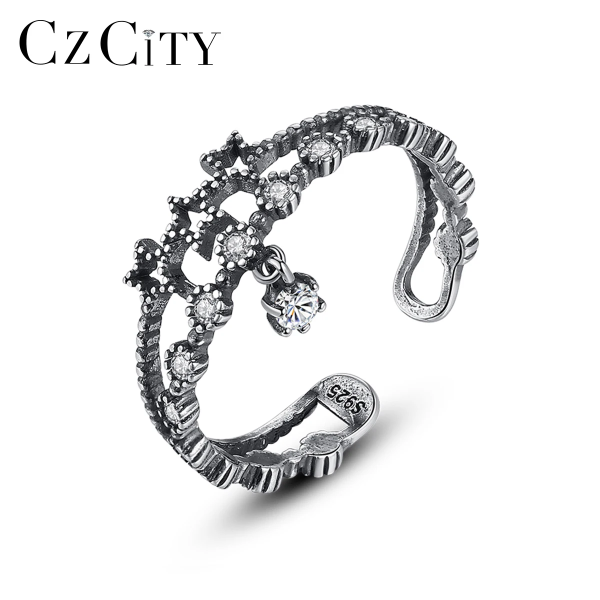 

CZCITY Vintage Solid Thai Silver Open Rings for Women Fine Jewelry Party Anillos Joyeria Fina Para Mujer Christmas Gifts SR0238