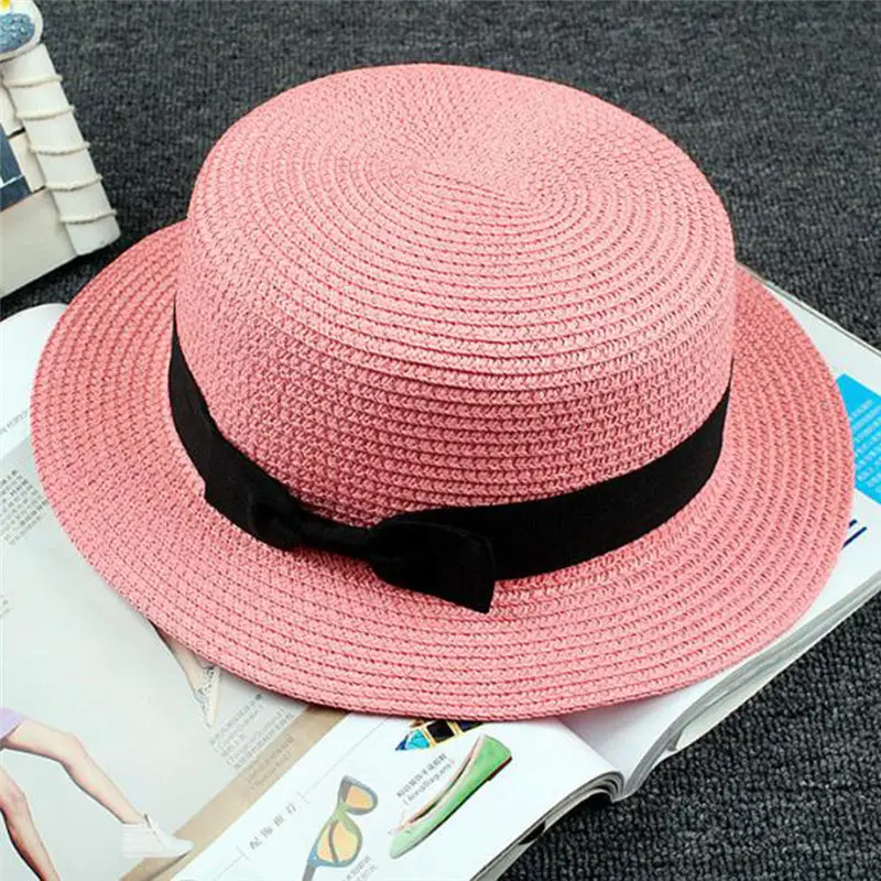 Горячая Распродажа, популярные женские летние соломенные шляпы с круглым плоским козырьком, соломенная шляпа - Цвет: Pink