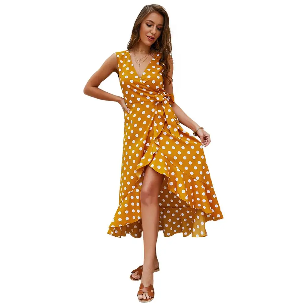 MAIAKO 2019 Summer Wommer Dress Polka Dot Ptint Polyester V Neck Sexy Women Split Dress Sleeveless For Women Clothing Bohemian MAIAKO 2019 Summer Wommer Dress Polka Dot Ptint Polyester V Neck Sexy Women Split Dress Sleeveless For Women Clothing Bohemian