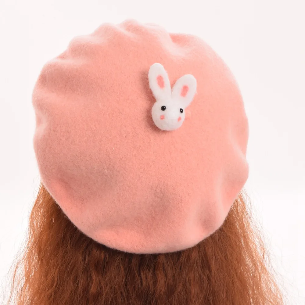 

Pink/Brown Lovely Rabbit Beret Girls Cute Hat Headwear