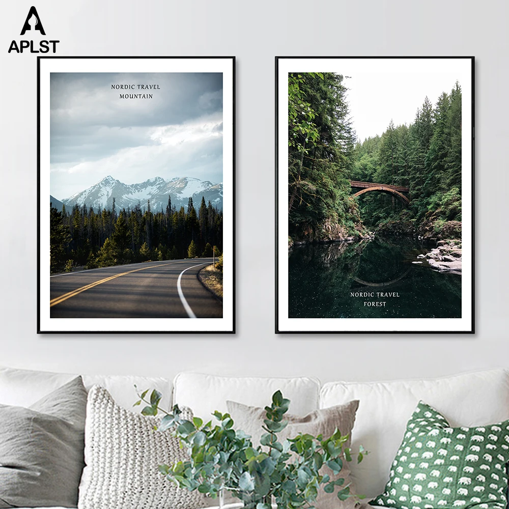 

Nordic Travel Road Canvas Prints Poster Snow Mountain Forest Home Decor Bridge River Wall Picture Painting for Living Room Decor
