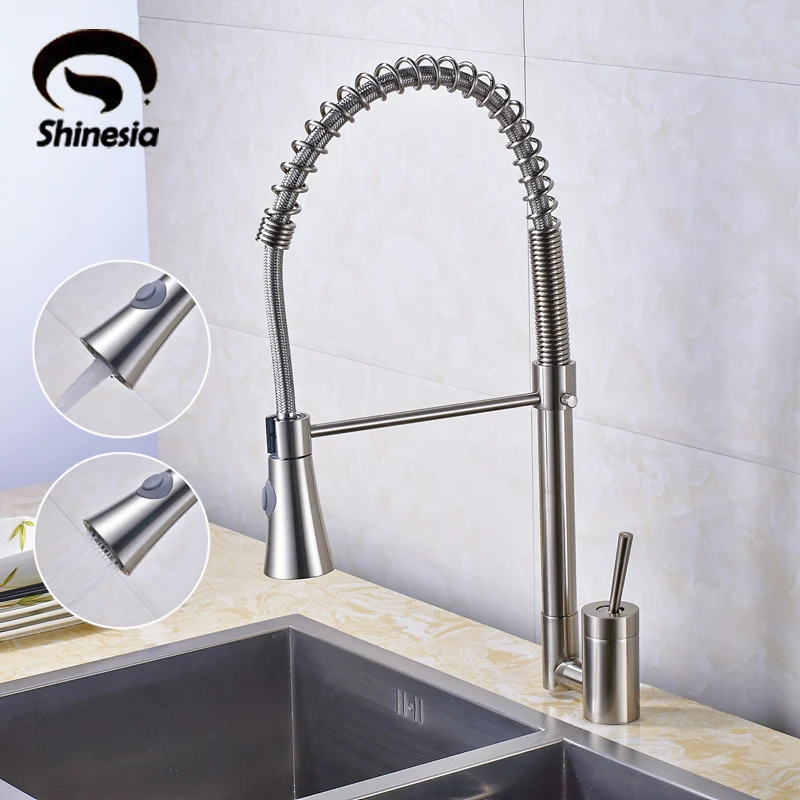 Solid Brass Nickel Brushed Pull Out Spring Kitchen Faucet Swivel Spout Vessel Sink Mixer Tap hot sale brushed nickel kitchen faucet spring style swivel spout single handle vessel mixer tap