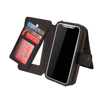 

New Phone Case for iPhone X Multifunction Wallet Retro Leather Zipper Purse Pouch Flip Cover Phone Bag with Card Holder