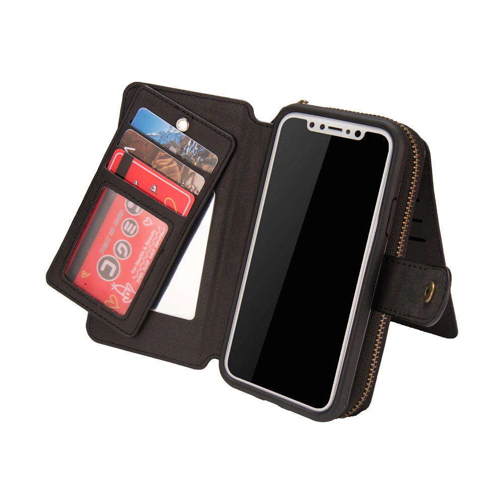 preço Novo Caso de Telefone para o iphone X Multifunções Carteira Bolsa Com Zíper Bolsa de Couro Retro Tampa Flip Phone Bag com Suporte de Cartão