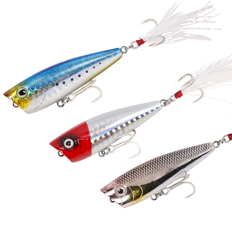 

Trulinoya DW20 Popper Fishing Lure with Feather Treble Hooks 60mm 7g Top Water Hard Bait Popper Bait Fishing Tackle