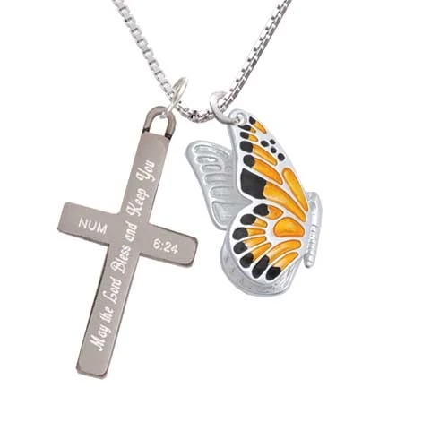 Large Orange & Black Flying Butterfly - Bless and Keep You - Cross Necklace (1)