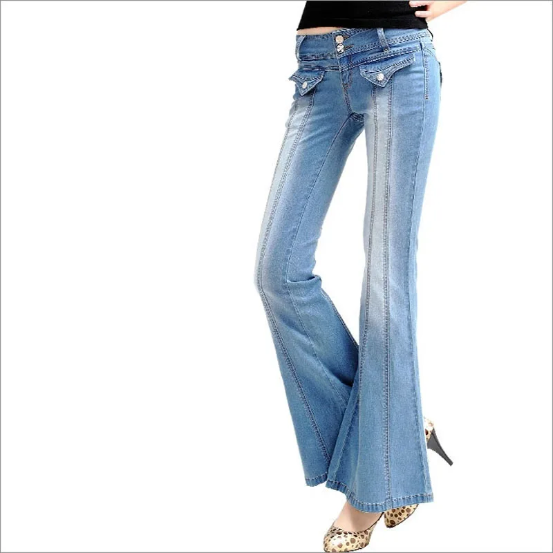 Г. Весна Для женщин деним вспышек расклешенные Джинсы для женщин брюки Широкие брюки открытым Вышивка длинные Мотобрюки женский Облегающие джинсовые штаны W025
