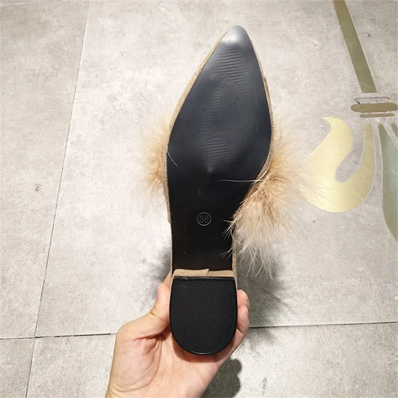 SLHJC Women Fur Slippers Flat Heel Pointy Toe Autumn New Arrival Casual Mules Outside Casual Cozy Flats Slides