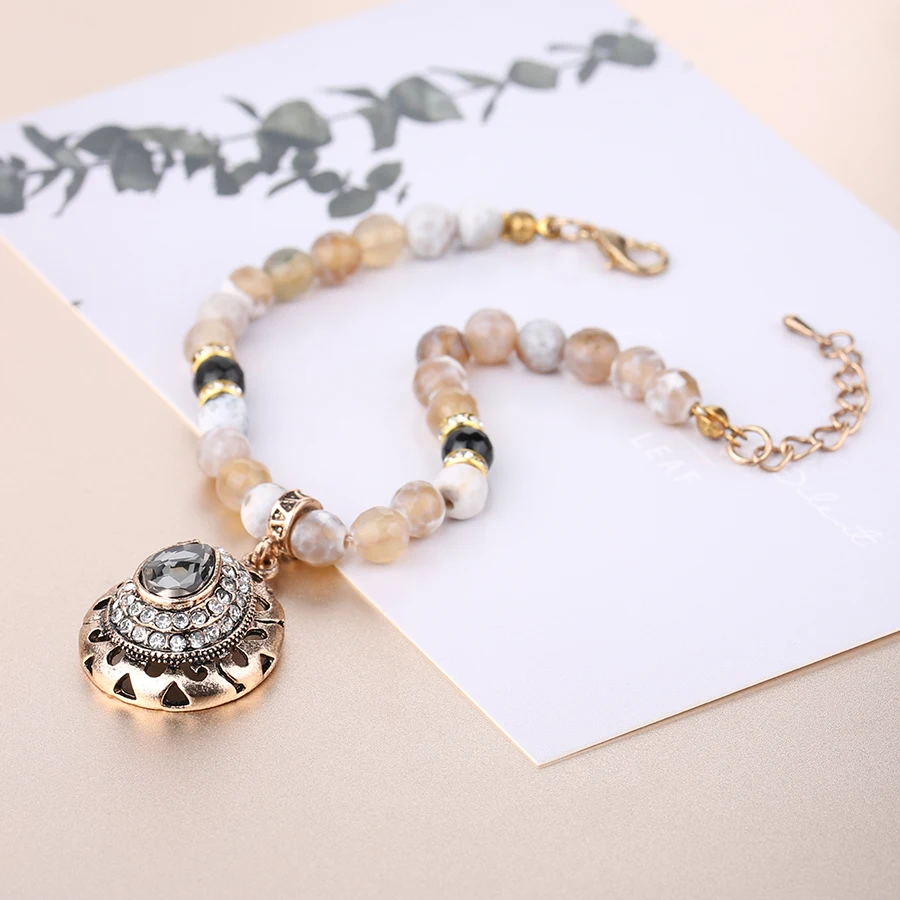 Kinel очаровательный натуральный камень винтажный браслет для женщин мозаичный серый кристалл античный золотой браслет Новинка