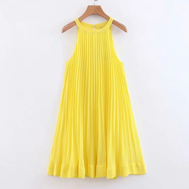 Летнее женское без рукавов желтое плиссированное платье femme hem ruffles halter vestidos