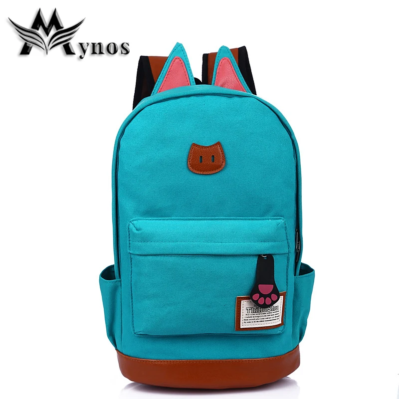 MYNOS Fashion Anime Canvas Leather Women Backpack Korea Cat Ears School Bags For Teenage Large Casual