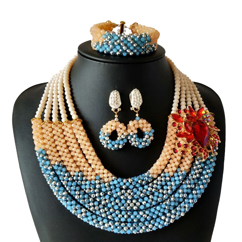 

New Silver Sky Blue African Jewelry Set For Women Crystal Beaded Necklace Nigerian Wedding Beads Party Jewelry Set