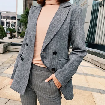 

2019 spring female casual striped double-breasted suits Slim suits