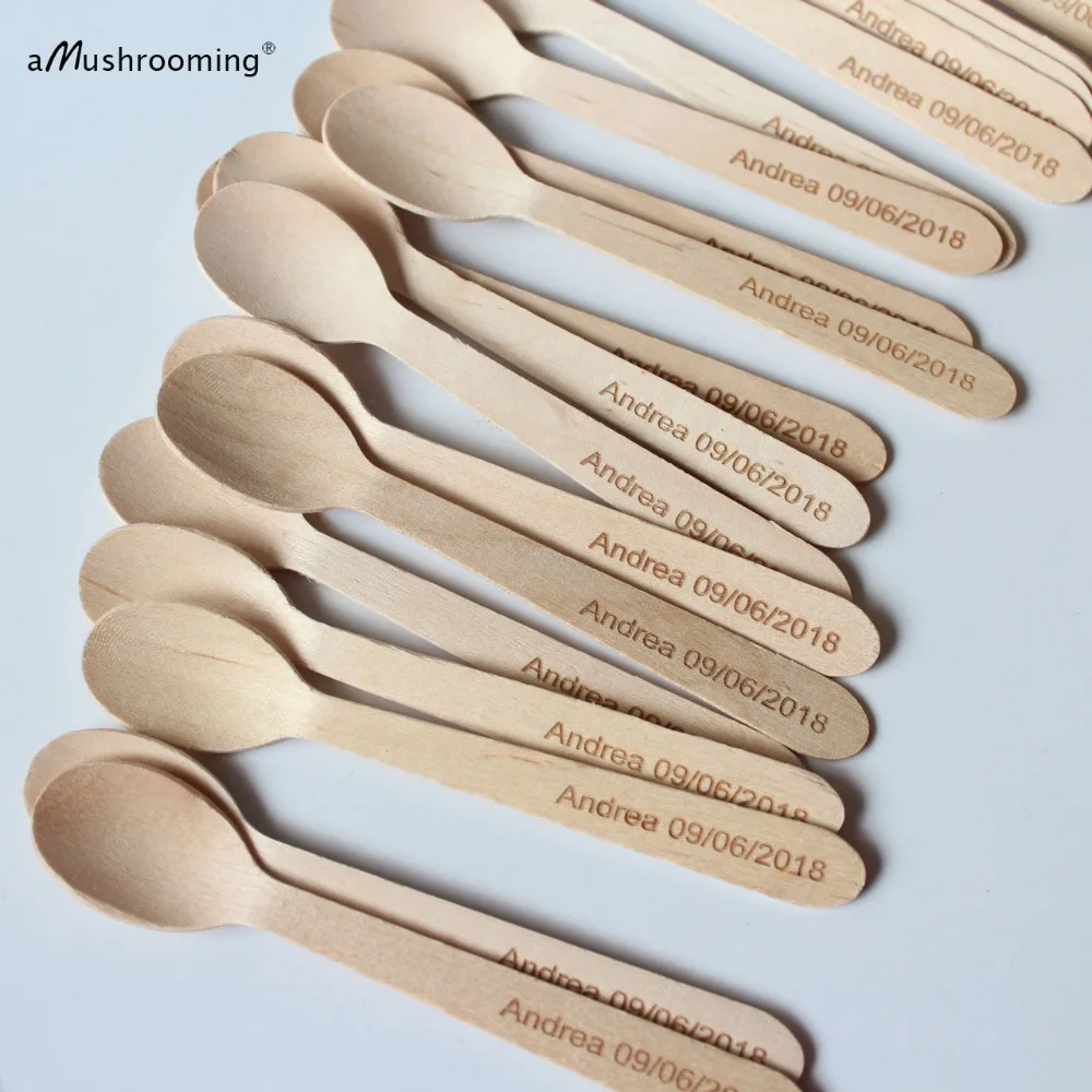 

100 Personalized Adult's Birthday Pudding Cake Disposable Spoons Engraved Wooden Ice Cream Spoons with Name and Date