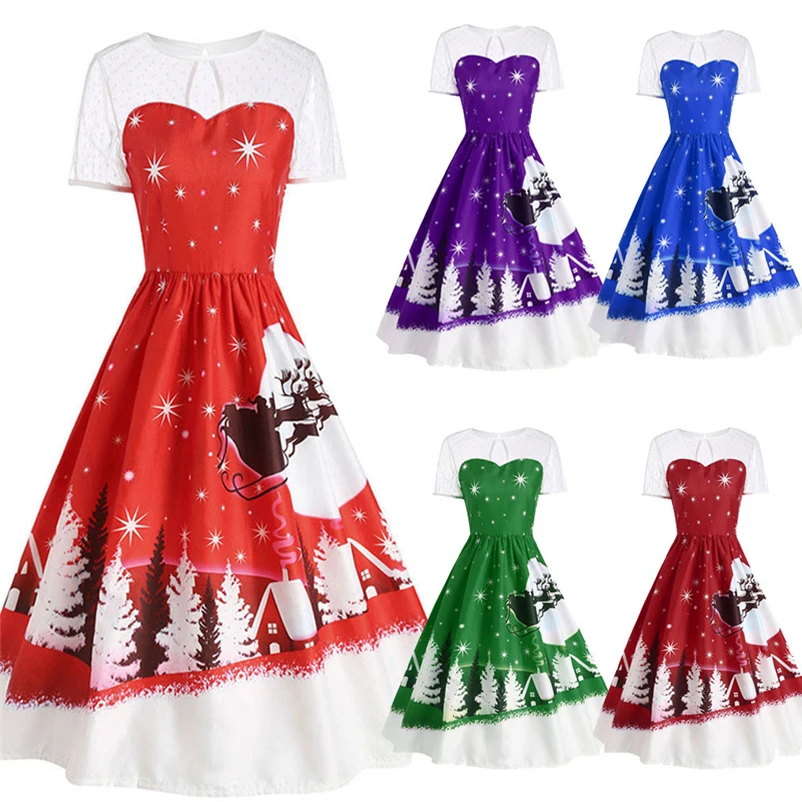 Elegant Plus Size Women Clothing Casual Christmas Print Dresses A Line