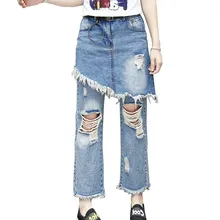 MORUANCLE женские Модные рваные джинсы-брюки для девочек, 2 вещи в комплекте, Дамская Марка NEW fashion Hi Street рваные джинсовые штаны рваные джинсовые, длиной до колена