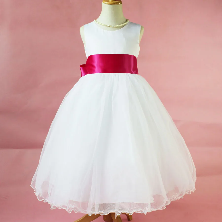 White Princess Flower Girl Dress Evening Prom Ball Gown Full Length Sleeveless Sash Kids Toddler
