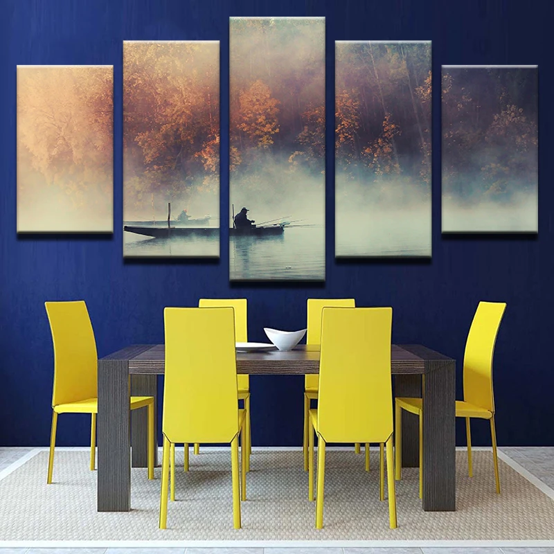 Wall Art Poster Home Decor Living Room Canvas Print Cartoon Painting 5 Panel Fishing Rod Landscape Animal Modular Pictures Frame