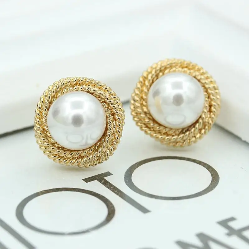 

Center Big Simulated Pearls Metallic Golden Rope Hoop Women piercing Stud Earrings
