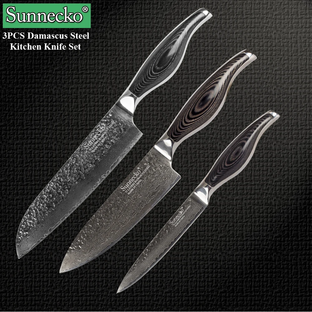 

SUNNECKO 7'' Santoku 6'' Chef 5'' Utility Knife Damascus Steel Sharp Blade Meat Cutter Pakka Wood Handle 3PCS Kitchen Knives Set