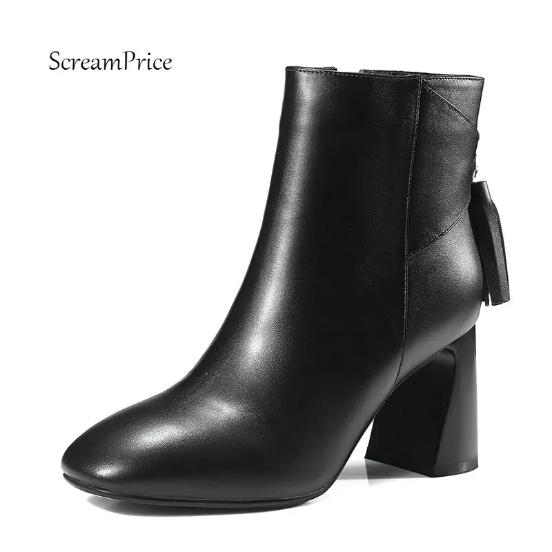 

Lady Genuine Leather Hoof Heels Ankle Boots Fashion Zipper Round Toe Fringe Fall Winter Women Bootie Black Beige