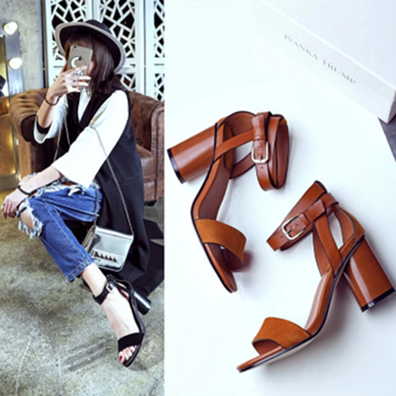 

2019 summer explosion models leather high heel sandals fashion casual wild women's shoes.