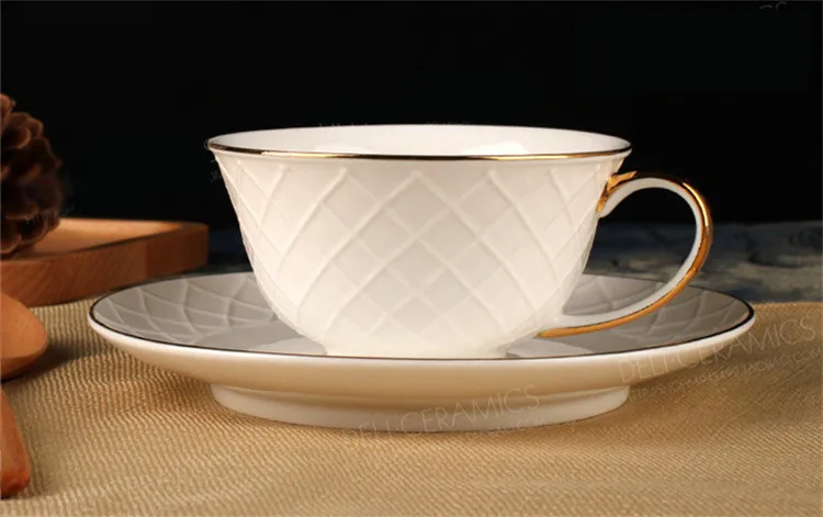 Embossed Gold Paint Coffee Cup and Saucer Set with Spoon Nordic Style Simple Pure White Flower Tea Cup