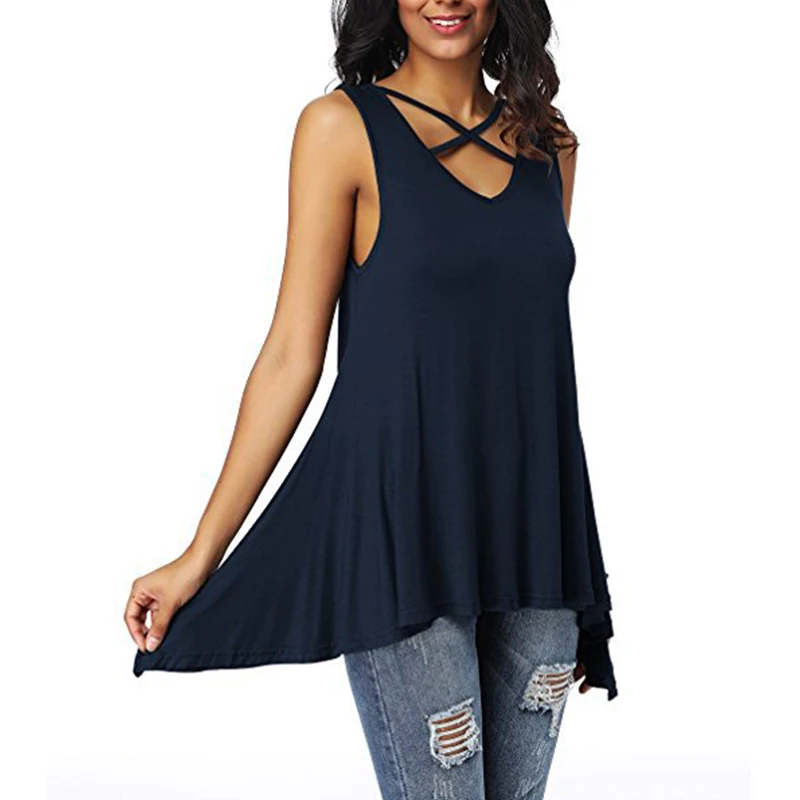 

Rogi Sleeveless Tee Shirt Femme 2019 Sexy V-Neck Ruffles Asymmetrical Hem Women Tops Casual Loose T-Shirt Criss Cross T Shirt
