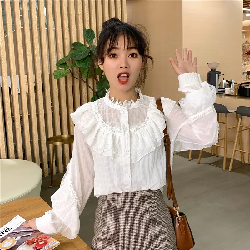  Hzirip 2019 Spring Summer Single Breasted Ruffles Fashion Long Sleeve Blouse O-Neck Lace Shirt Tops