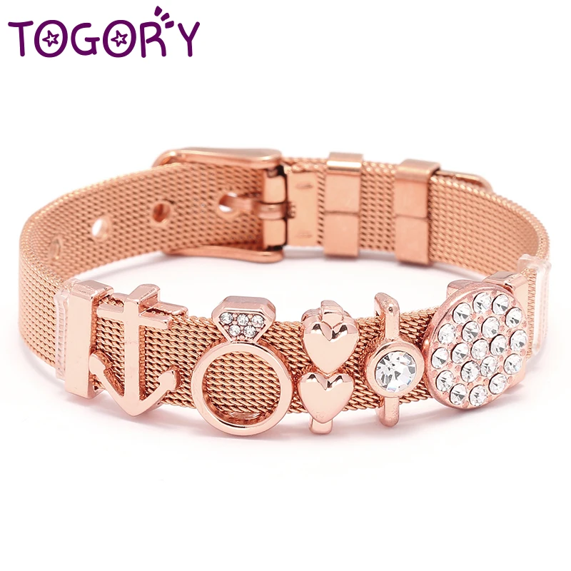 

TOGORY Stainless Steel Customized Mesh Bracelets Bangles For Women Charm DIY Heart To Heart Charm Fine Bracelet Jewelry Gift