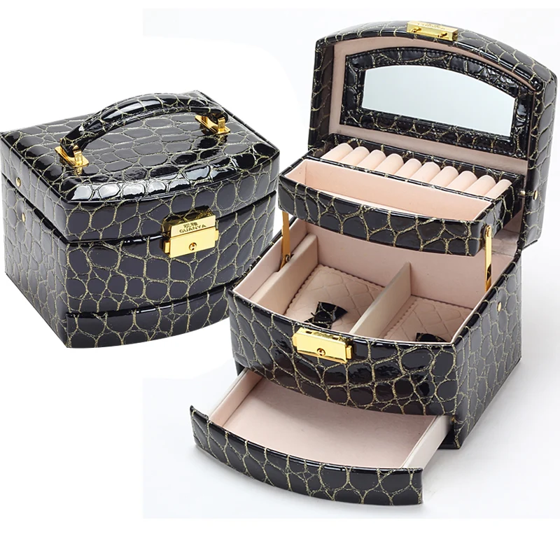 

Fashion Jewellery Storage Box Packaging Case Luxury PU Leather Crocodile Grain Jewelry Box 3 Layers Organizer gift box gold line