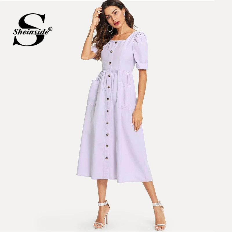 Sheinside Purple Pastel Puff Sleeve Button Up Fit & Flare Dress Women Square Neck Short Sleeve 