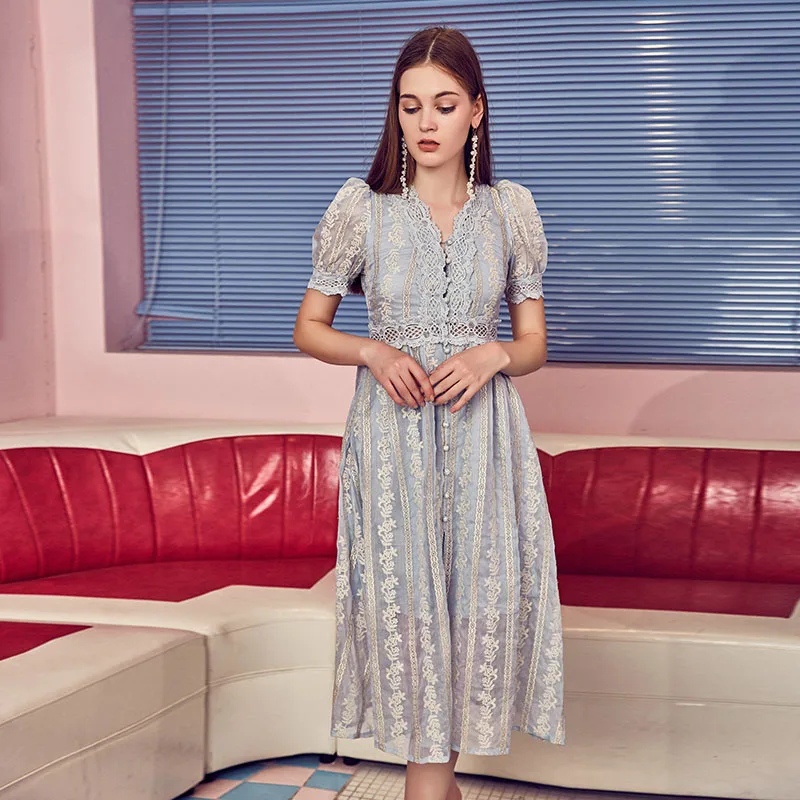 

HANZANGL New 2019 Summer Vintage Embroidered Blue Lace Dresses Women's Hook Flower Hollow Waist V-neck Single-breasted Dress